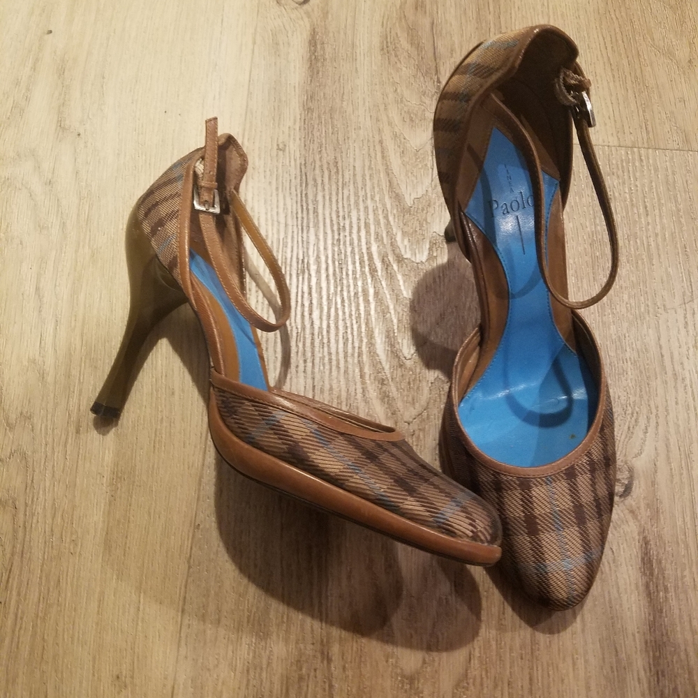 Linea Paolo Brown Plaid Print Heels 6 - Picture 3 of 5